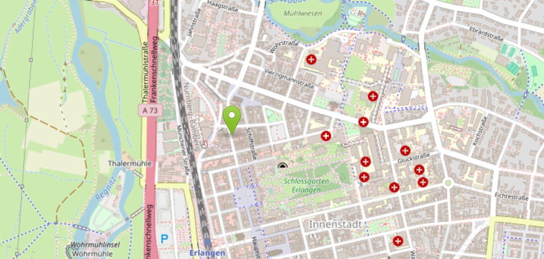 Kartenvorschau mit der Praxis: Hauptstr. 64, 91054 Erlangen